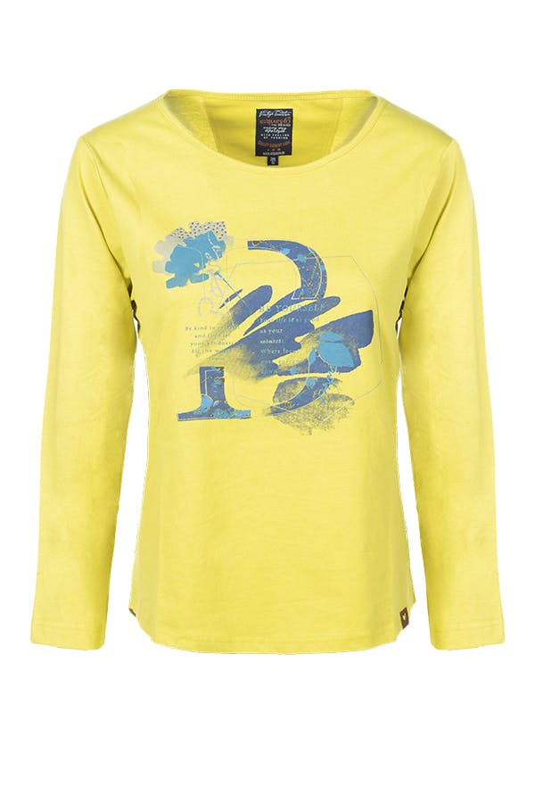 Artikel klicken und genauer betrachten! - Soquesto Shirt Jaida in gelbIn den Größen 34-44 ist das Damen Shirt in gelb für Sie erhältlich. Ein optisches Highlight ist der sportliche Aufdruck auf der Vorderseite in Petrol. | im Online Shop kaufen